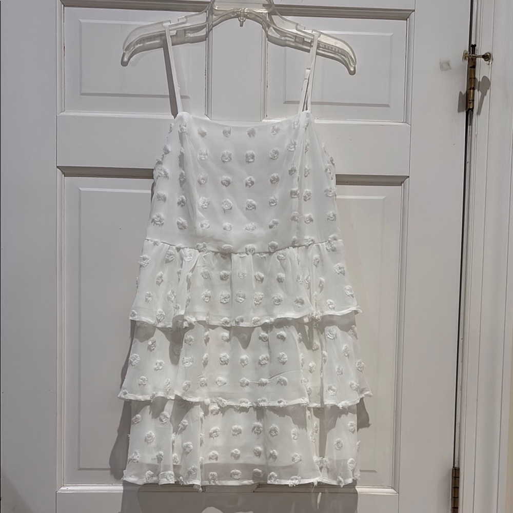 Francesca’s White Tiered Ruffle Dress with Floral Appliqué, Miami brand